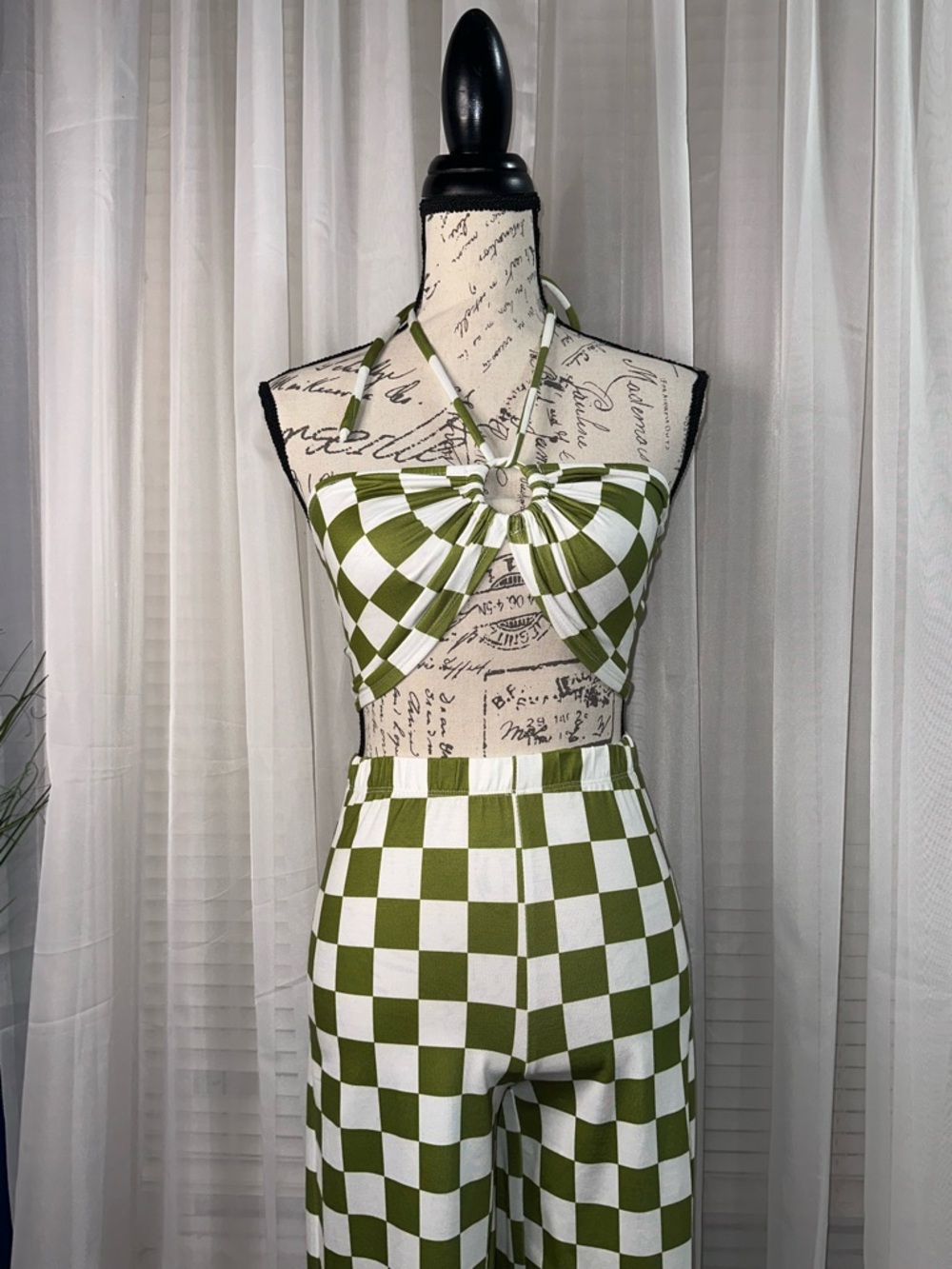 Princess Polly Olive and White Checkerboard Wide Leg Jumpsuit Set - Picture 4 of 7